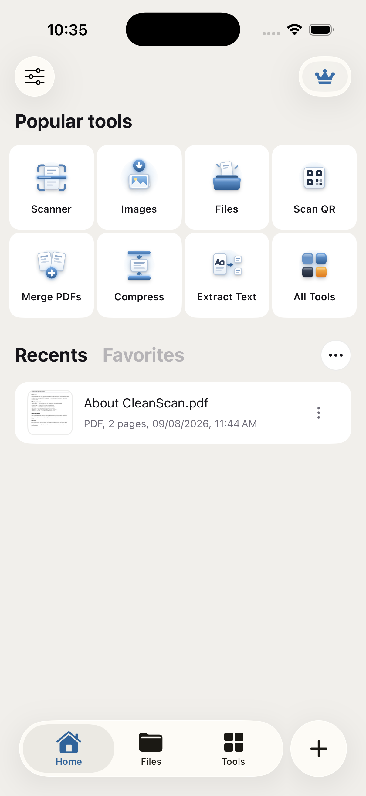 CleanScan home screen showing popular tools and recent documents
